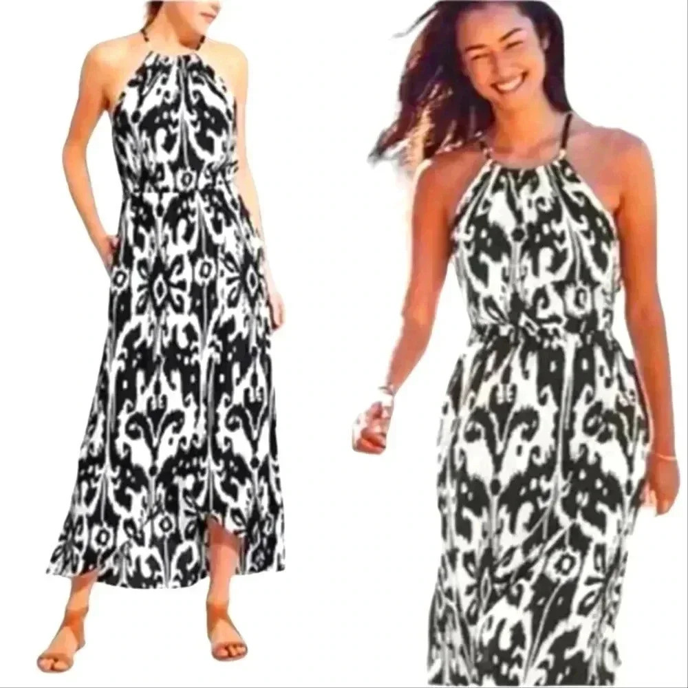 Athleta Black Off White Ikat Bloom Sleeveless Halter Tassel Tie Hi Lo Maxi Dress